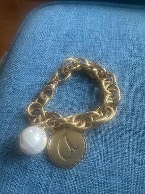 Gold-Tone Charm Bracelet with White Pearl Accent and Medallion
